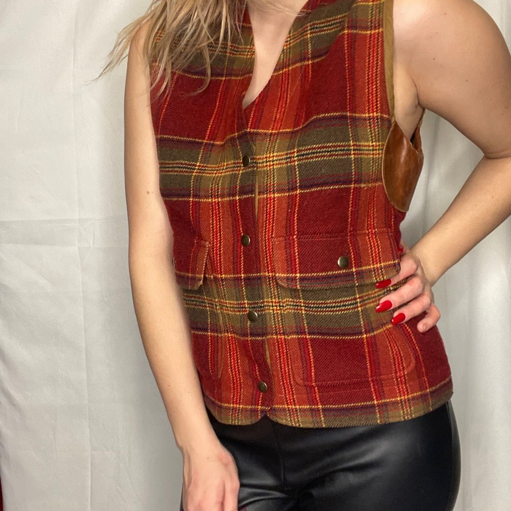 Plaid vintage vest with leather 100% wool jacket